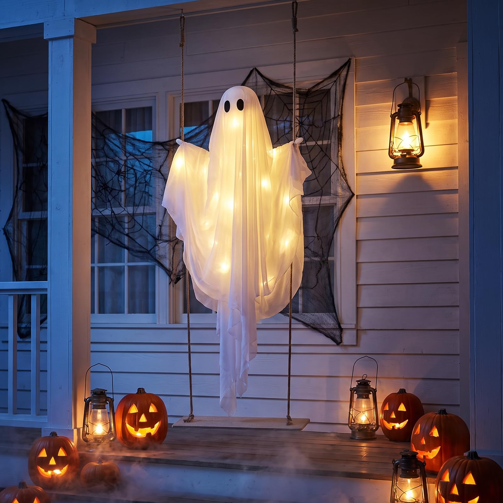 Tangkula 5 FT Halloween Hanging Swing Ghost Decoration with LED Lights